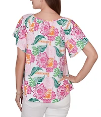 Ruby Rd. Tropical Floral V-Neck Short Flutter Sleeve Top