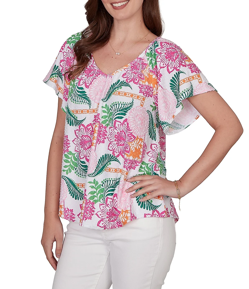 Ruby Rd. Tropical Floral V-Neck Short Flutter Sleeve Top