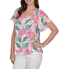 Ruby Rd. Tropical Floral V-Neck Short Flutter Sleeve Top