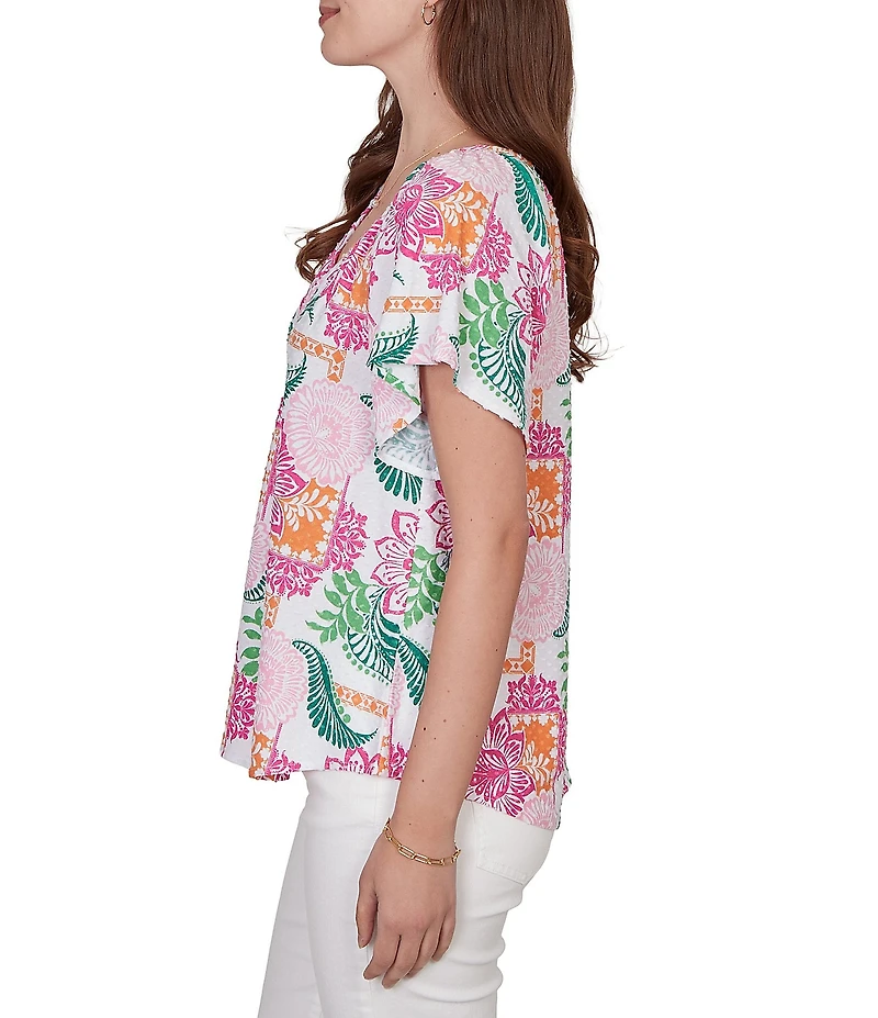 Ruby Rd. Tropical Floral V-Neck Short Flutter Sleeve Top