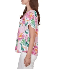 Ruby Rd. Tropical Floral V-Neck Short Flutter Sleeve Top