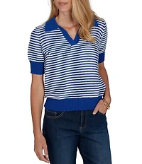 Ruby Rd. Two-Tone Collared V-Neck Elbow Length Sleeve Pullover Sweater