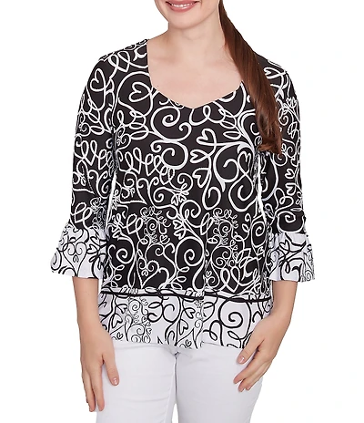 Ruby Rd. Whirlwind Heart Border Print Knit Sweetheart Neck 3/4 Sleeve Top