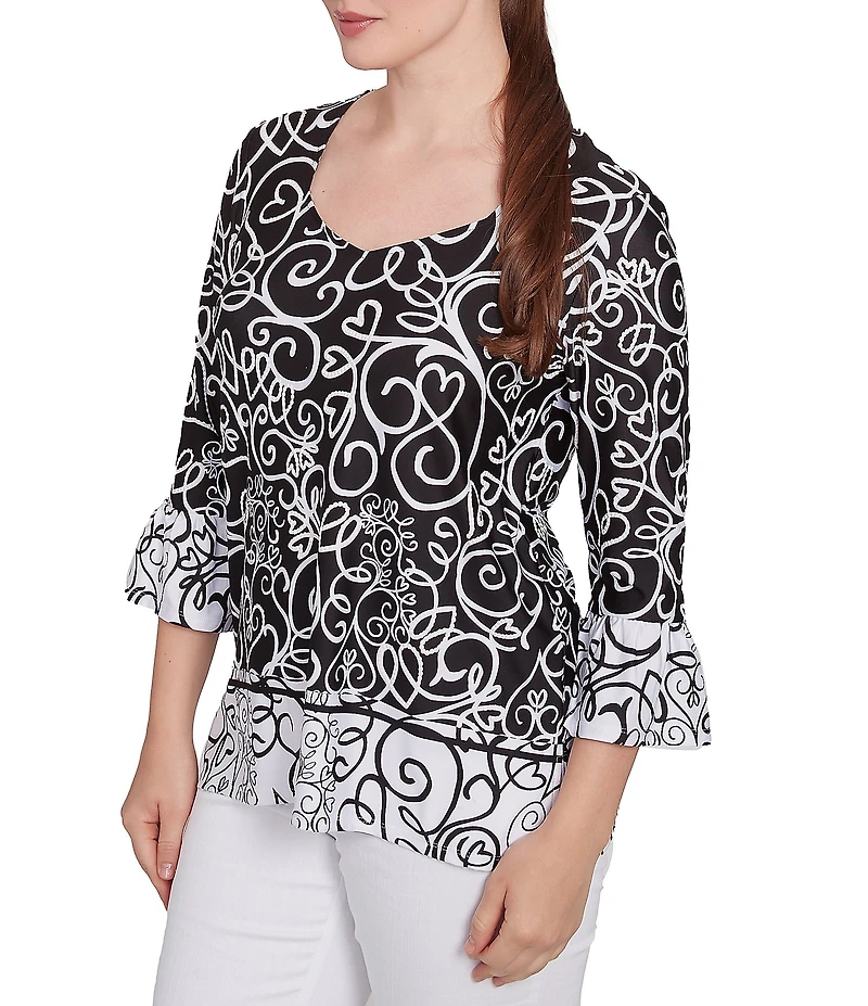 Ruby Rd. Whirlwind Heart Border Print Knit Sweetheart Neck 3/4 Sleeve Top