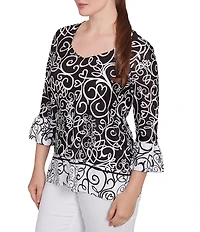 Ruby Rd. Whirlwind Heart Border Print Knit Sweetheart Neck 3/4 Sleeve Top