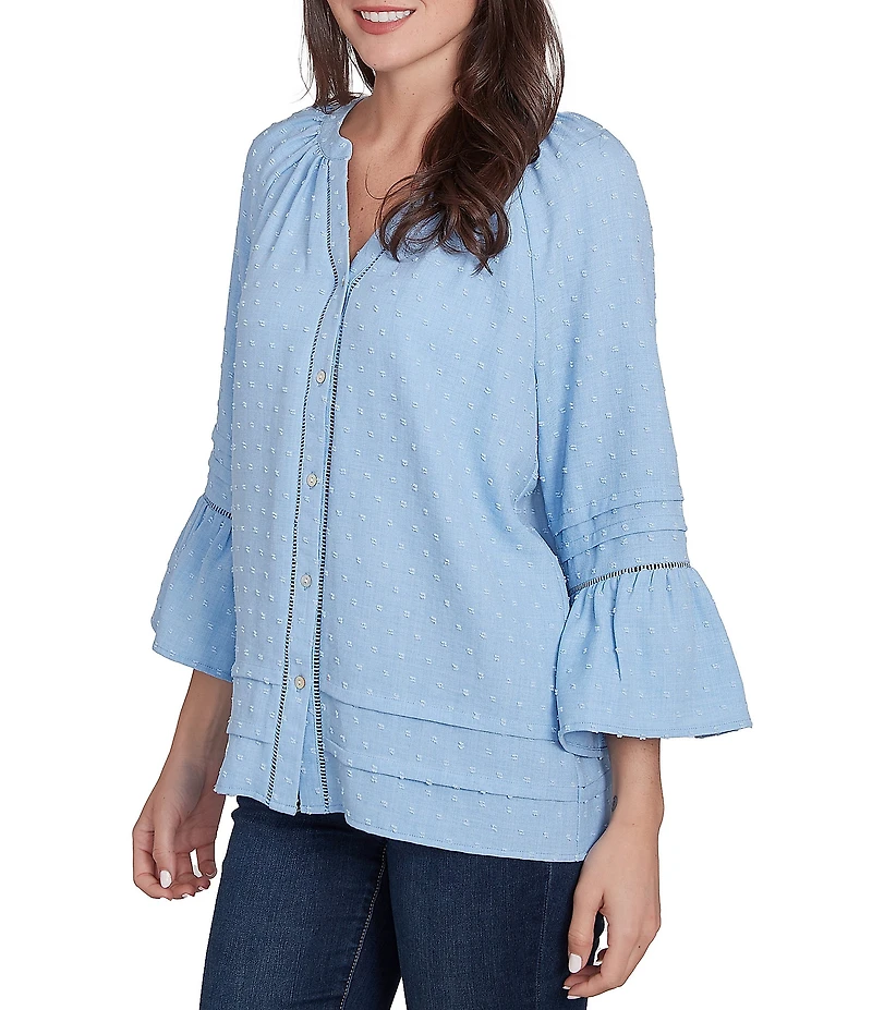 Ruby Rd. Woven Embellished Trim Clip-Dot Mandarin Collar 3/4 Sleeve Button-Front Top