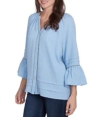 Ruby Rd. Woven Embellished Trim Clip-Dot Mandarin Collar 3/4 Sleeve Button-Front Top