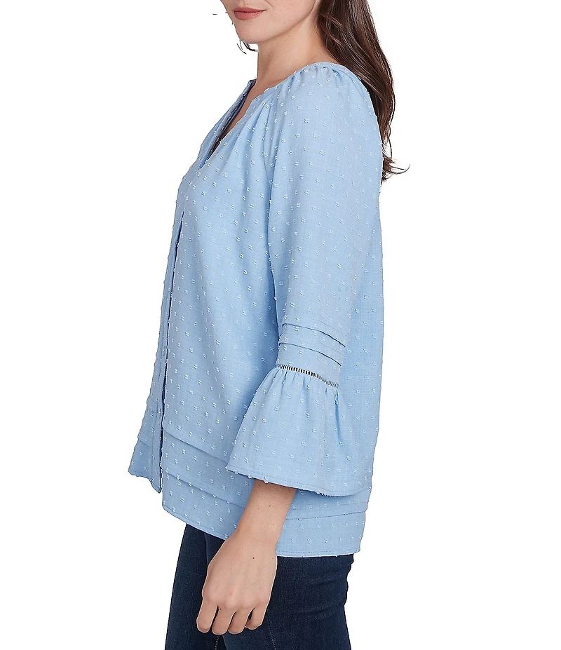 Ruby Rd. Woven Embellished Trim Clip-Dot Mandarin Collar 3/4 Sleeve Button-Front Top