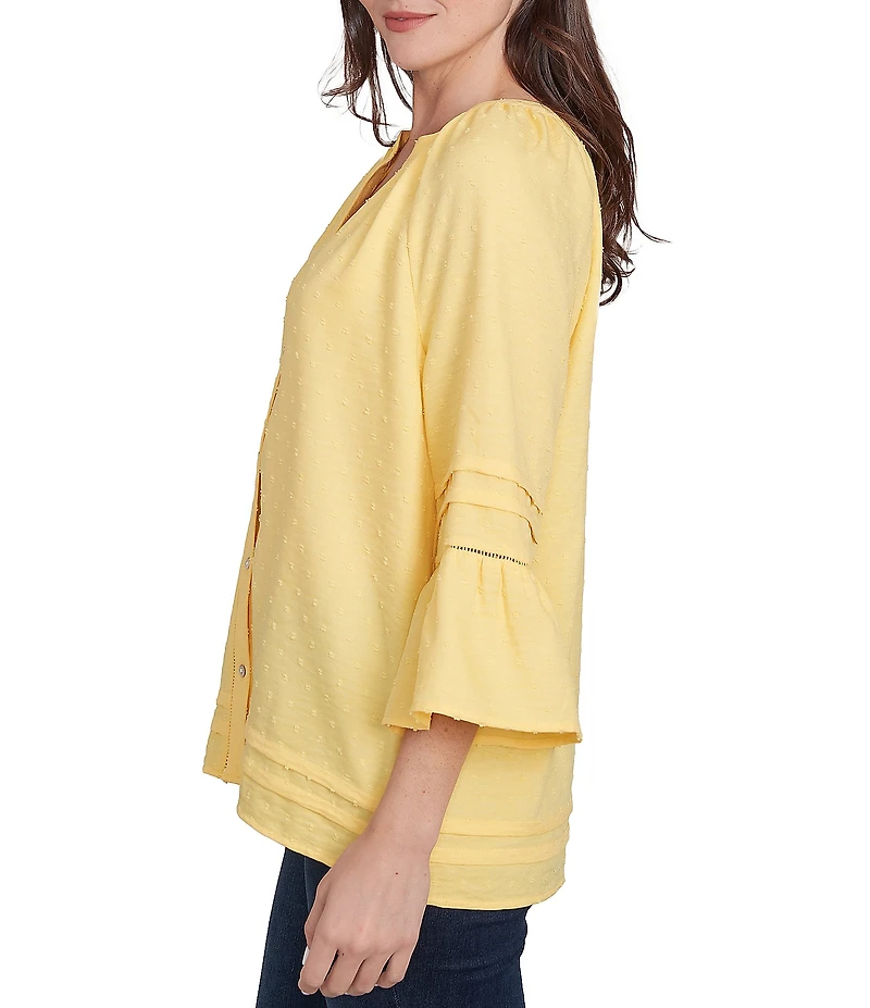 Ruby Rd. Woven Embellished Trim Clip-Dot Mandarin Collar 3/4 Sleeve Button-Front Top