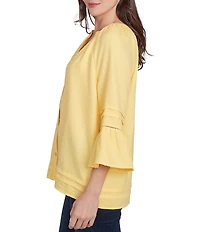 Ruby Rd. Woven Embellished Trim Clip-Dot Mandarin Collar 3/4 Sleeve Button-Front Top