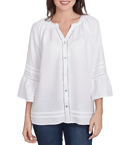 Ruby Rd. Woven Embellished Trim Clip-Dot Mandarin Collar 3/4 Sleeve Button-Front Top