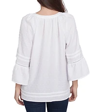 Ruby Rd. Woven Embellished Trim Clip-Dot Mandarin Collar 3/4 Sleeve Button-Front Top
