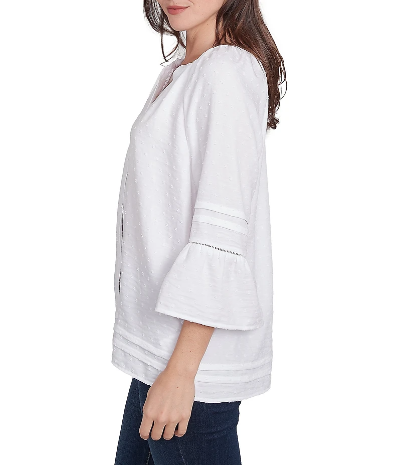 Ruby Rd. Woven Embellished Trim Clip-Dot Mandarin Collar 3/4 Sleeve Button-Front Top