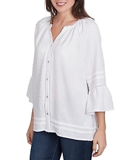 Ruby Rd. Woven Embellished Trim Clip-Dot Mandarin Collar 3/4 Sleeve Button-Front Top