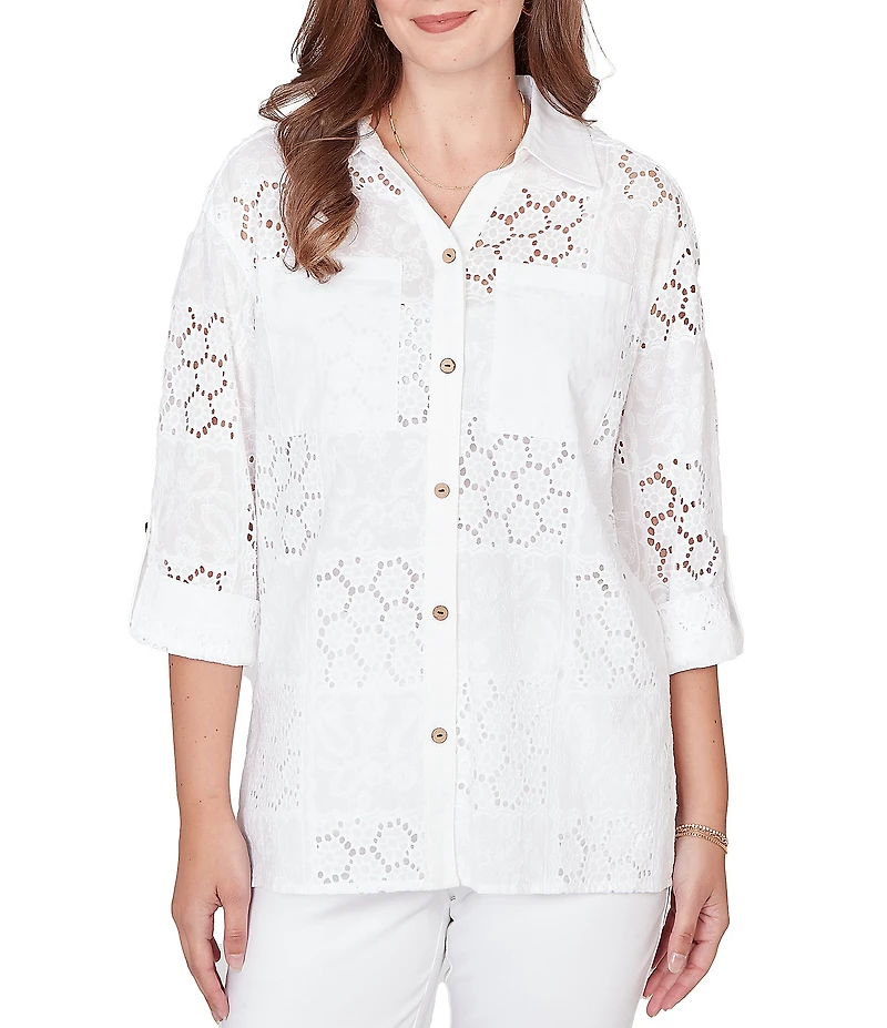 Ruby Rd. Woven Eyelet Embroidery Collared V-Neck 3/4 Roll-tab Sleeve Button-Front Shirt