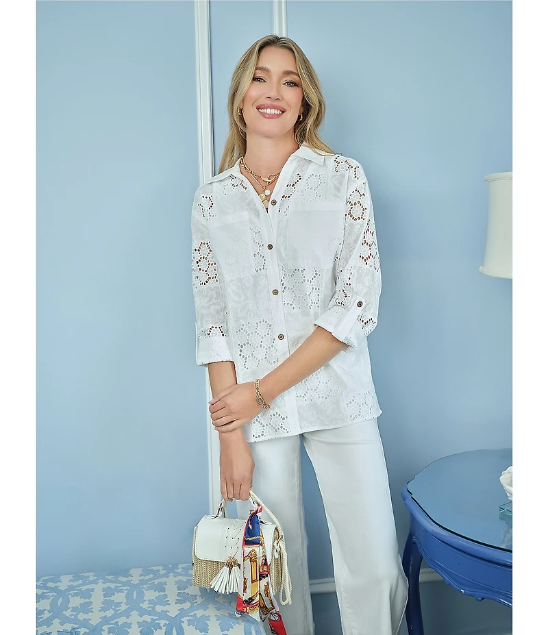 Ruby Rd. Woven Eyelet Embroidery Collared V-Neck 3/4 Roll-tab Sleeve Button-Front Shirt