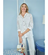 Ruby Rd. Woven Eyelet Embroidery Collared V-Neck 3/4 Roll-tab Sleeve Button-Front Shirt