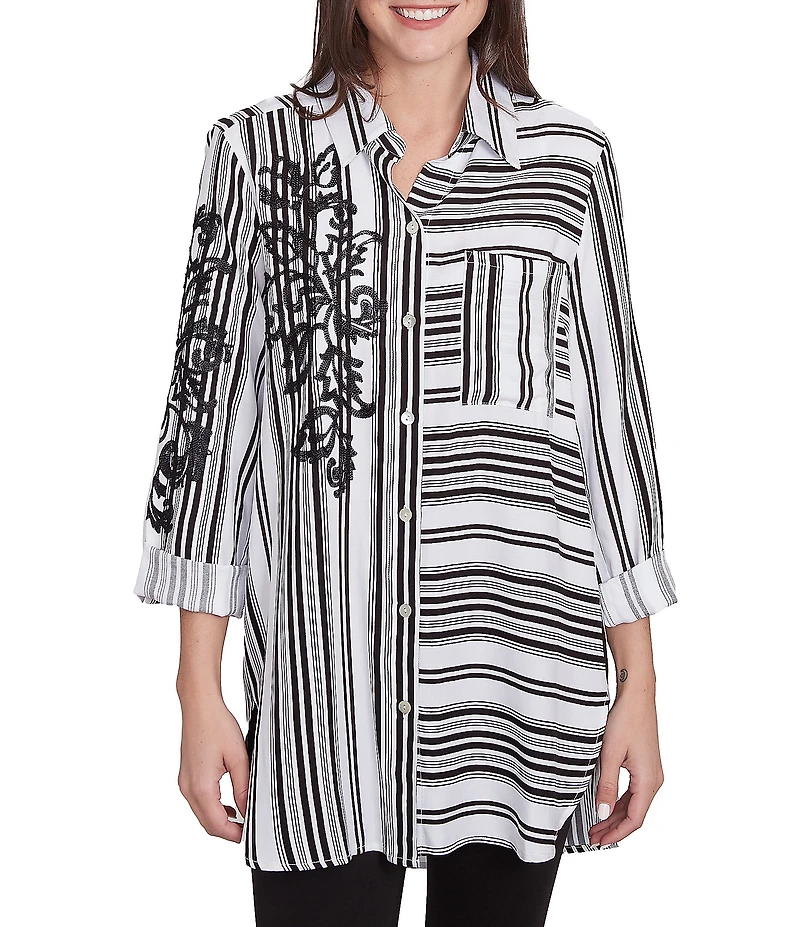 Ruby Rd. Woven Floral Embroidery Applique Stripe Point Collar Long Roll-Tab Sleeve Button-Front Shirt