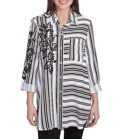 Ruby Rd. Woven Floral Embroidery Applique Stripe Point Collar Long Roll-Tab Sleeve Button-Front Shirt