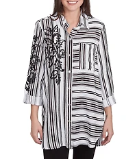 Ruby Rd. Woven Floral Embroidery Applique Stripe Point Collar Long Roll-Tab Sleeve Button-Front Shirt