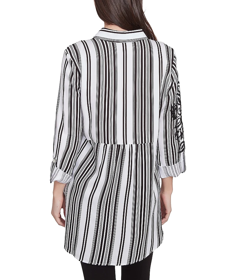 Ruby Rd. Woven Floral Embroidery Applique Stripe Point Collar Long Roll-Tab Sleeve Button-Front Shirt