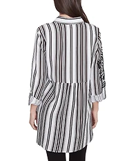 Ruby Rd. Woven Floral Embroidery Applique Stripe Point Collar Long Roll-Tab Sleeve Button-Front Shirt