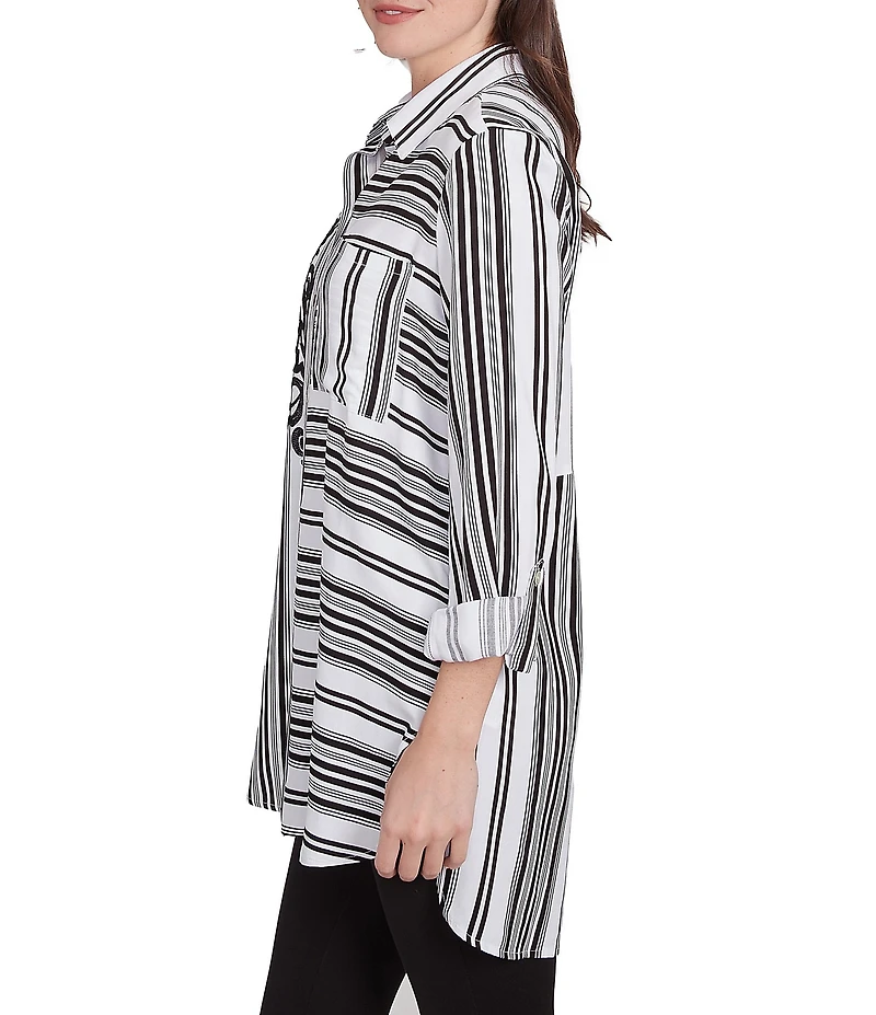 Ruby Rd. Woven Floral Embroidery Applique Stripe Point Collar Long Roll-Tab Sleeve Button-Front Shirt