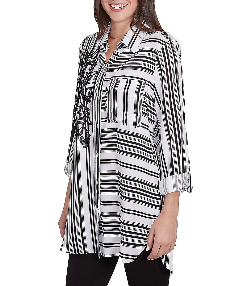 Ruby Rd. Woven Floral Embroidery Applique Stripe Point Collar Long Roll-Tab Sleeve Button-Front Shirt
