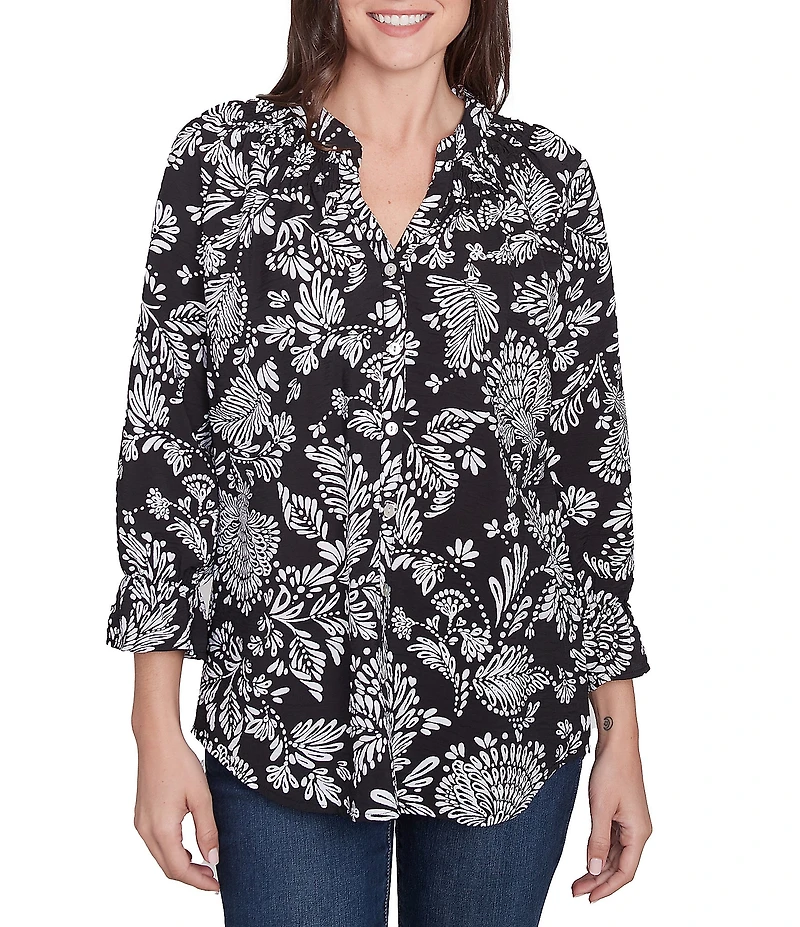 Ruby Rd. Woven Floral Mandarin Collar 3/4 Sleeve Button-Front Top