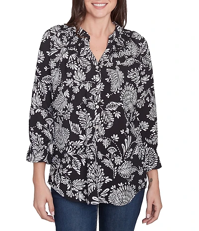 Ruby Rd. Woven Floral Mandarin Collar 3/4 Sleeve Button-Front Top