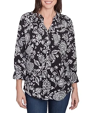 Ruby Rd. Woven Floral Mandarin Collar 3/4 Sleeve Button-Front Top