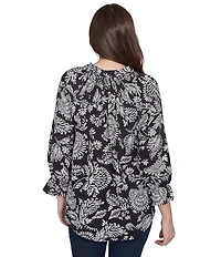 Ruby Rd. Woven Floral Mandarin Collar 3/4 Sleeve Button-Front Top