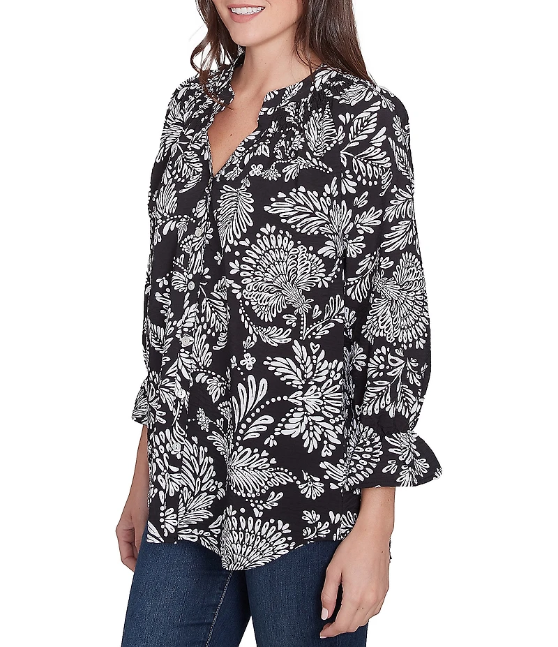 Ruby Rd. Woven Floral Mandarin Collar 3/4 Sleeve Button-Front Top