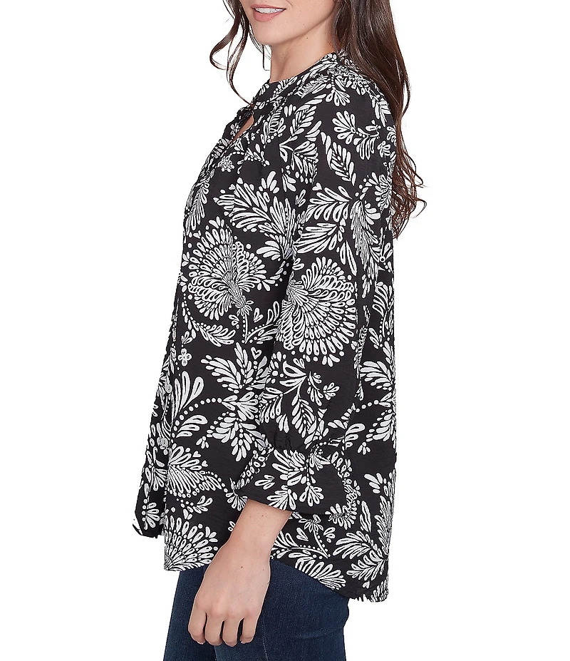 Ruby Rd. Woven Floral Mandarin Collar 3/4 Sleeve Button-Front Top