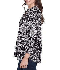 Ruby Rd. Woven Floral Mandarin Collar 3/4 Sleeve Button-Front Top