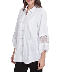 Ruby Rd. Woven Point Collar 3/4 Lace Inset Sleeve Button-Front Top