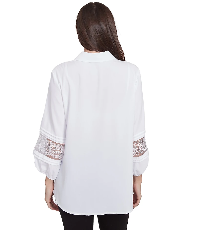 Ruby Rd. Woven Point Collar 3/4 Lace Inset Sleeve Button-Front Top