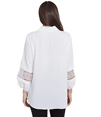 Ruby Rd. Woven Point Collar 3/4 Lace Inset Sleeve Button-Front Top