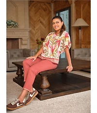 Ruby Rd. Woven Sedona Scoop Neck Short Elasticated Sleeve Top