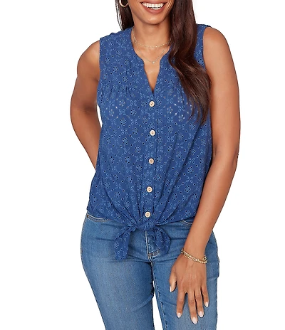 Ruby Rd. Woven Split V-Neck Sleeveless Button Tie-Front Eyelet Top