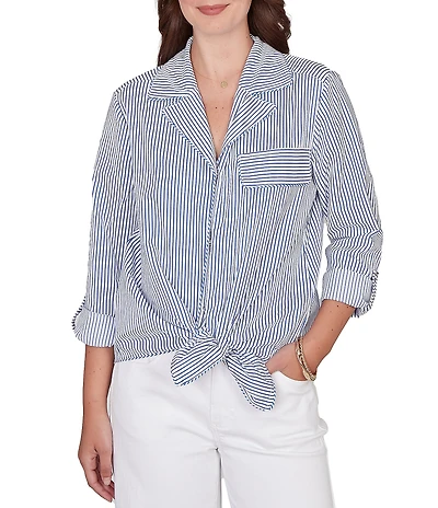 Ruby Rd. Woven Stripe Notch Lapel Collar Long Roll-Tab Sleeve Tie-Front Shirt