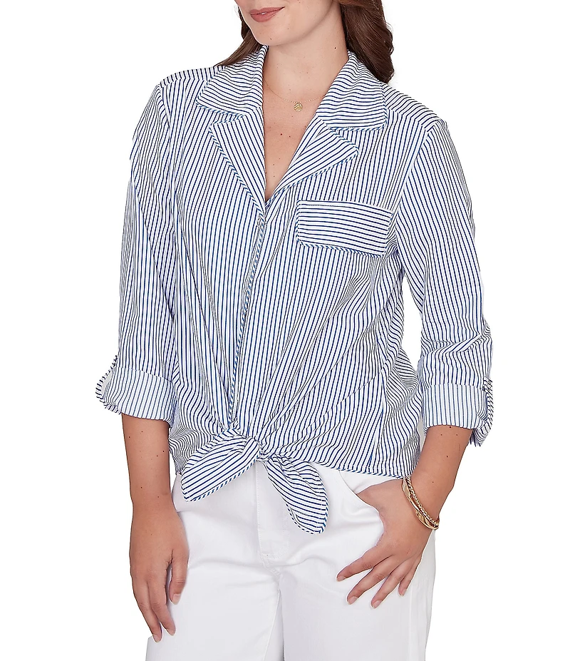 Ruby Rd. Woven Stripe Notch Lapel Collar Long Roll-Tab Sleeve Tie-Front Shirt