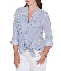 Ruby Rd. Woven Stripe Notch Lapel Collar Long Roll-Tab Sleeve Tie-Front Shirt