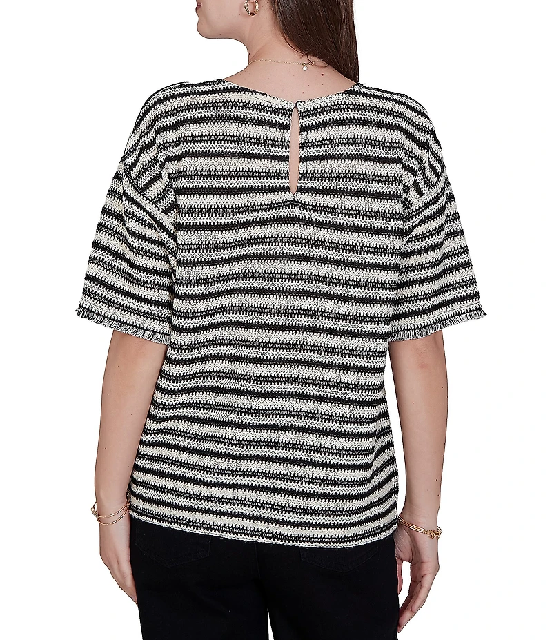Ruby Rd. Woven Stripe Scoop Neck Short Fringe Sleeve Top