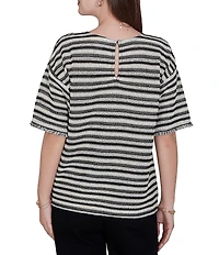 Ruby Rd. Woven Stripe Scoop Neck Short Fringe Sleeve Top