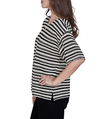 Ruby Rd. Woven Stripe Scoop Neck Short Fringe Sleeve Top
