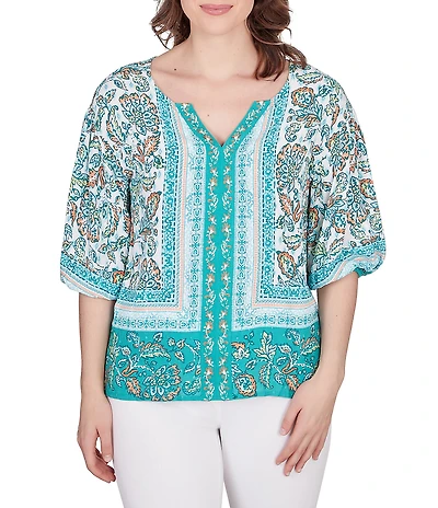 Ruby Rd. Woven Swiss Print Split Round Neck 3/4 Sleeve Top