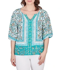 Ruby Rd. Woven Swiss Print Split Round Neck 3/4 Sleeve Top
