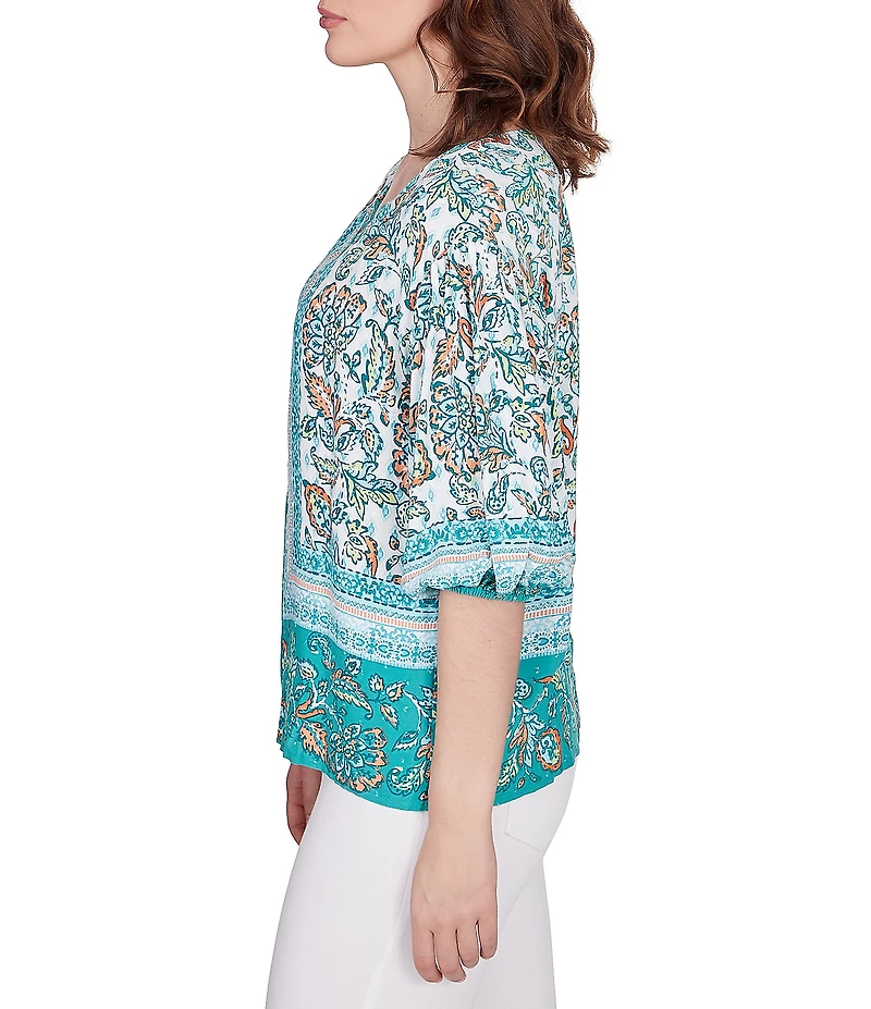 Ruby Rd. Woven Swiss Print Split Round Neck 3/4 Sleeve Top