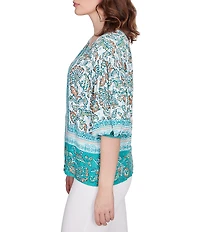 Ruby Rd. Woven Swiss Print Split Round Neck 3/4 Sleeve Top